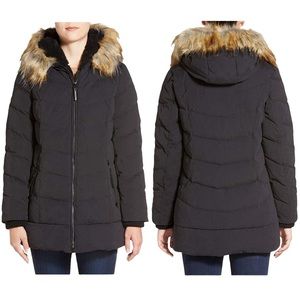 DKNY Quilted Down Waterfowl Feather Parka Puffer M Faux Fur Teddy Sherpa Leather